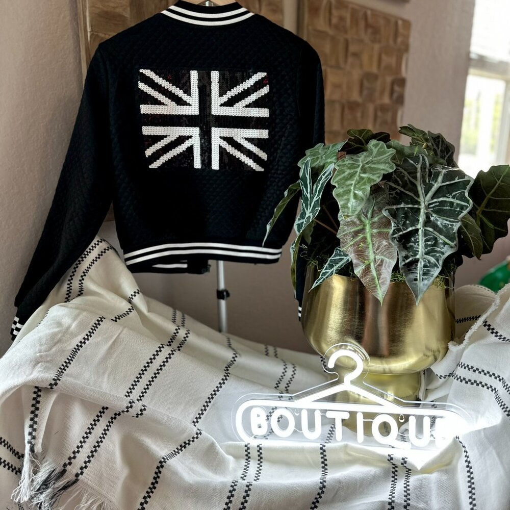 Black & White Quilted Cropped Sequin Union Jack Jacket XS